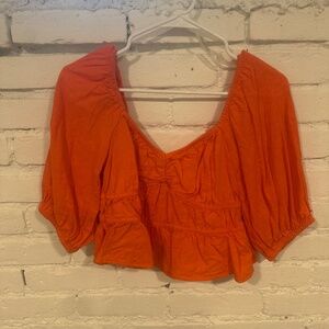 Bright Orange Summer Cropped Shirt with Puff Sleeves